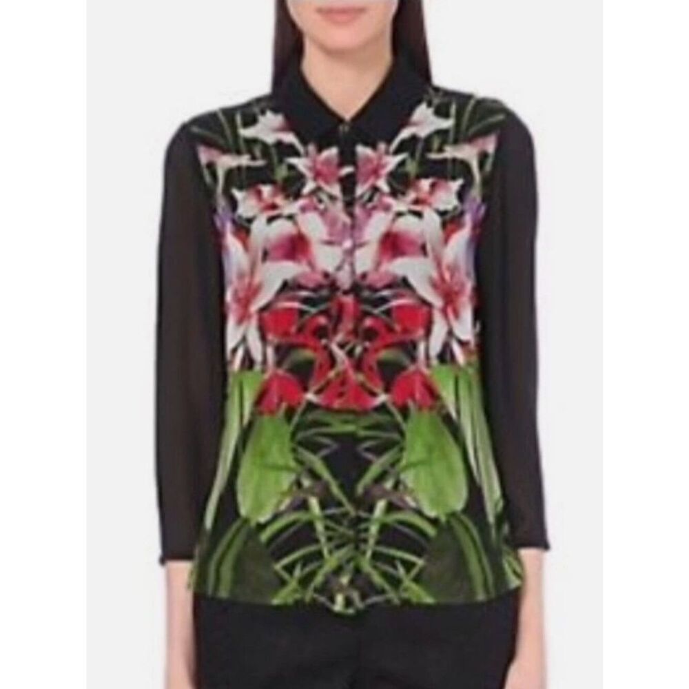NWT TED BAKER London Floral Print Black Sheer Button-Front Top Size 3